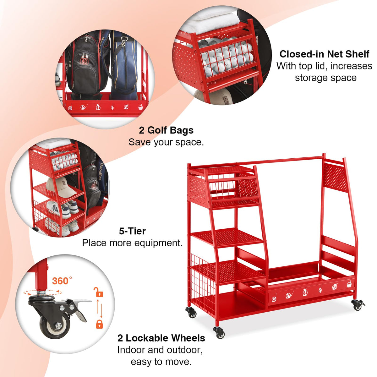 Lauren Harold golf bag organizer—wheels enable easy repositioning and handling