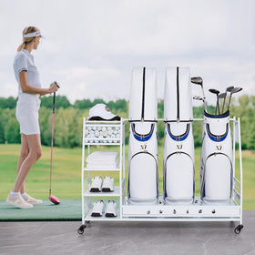Lauren Harold golf rack with built-in ball shelf organizing balls and tees