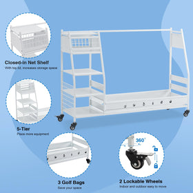 Lauren Harold top-left net basket lid used for towels, balls and tees
