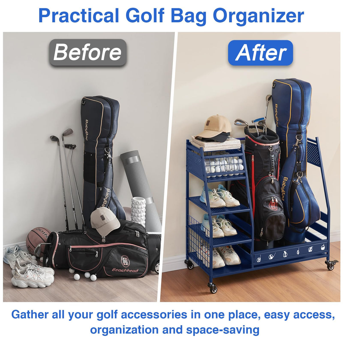 Lauren Harold golf bag organizer two bags capacity and easy bag retrieval.