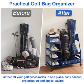 Lauren Harold golf bag organizer two bags capacity and easy bag retrieval.