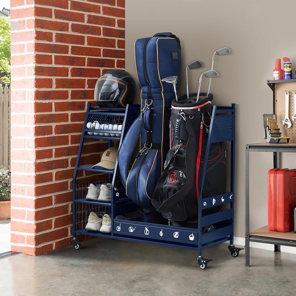 Lauren Harold golf bag organizer front view with space for two bags and easy access.