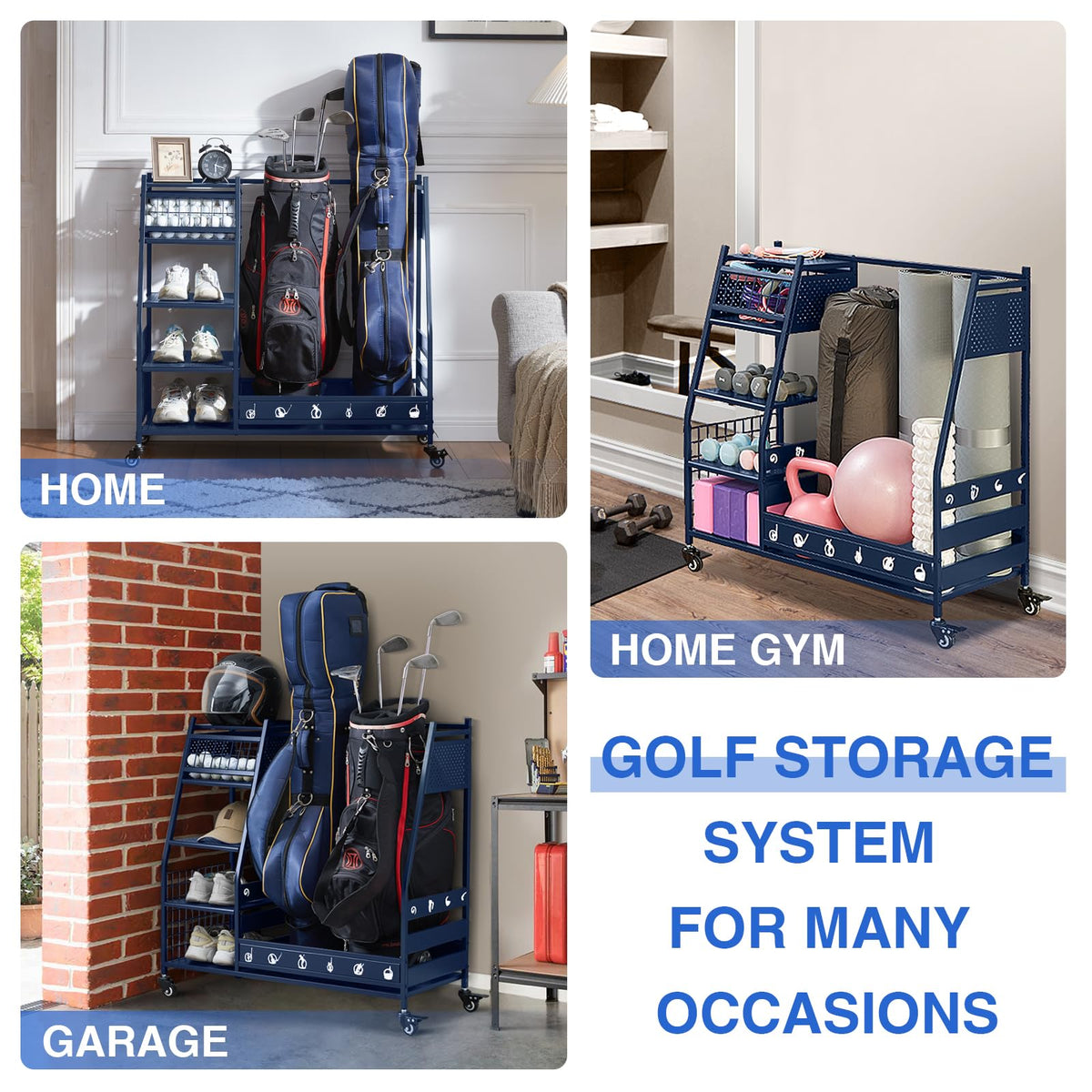 Lauren Harold golf bag organizer rolling wheels and lockable casters for mobility.