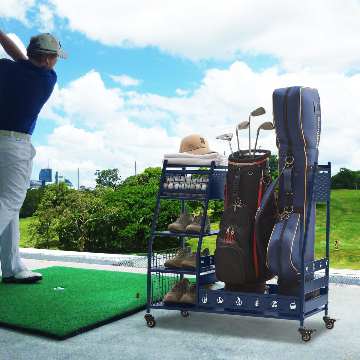 Lauren Harold golf bag organizer side view showing sturdy frame and stable garage storage.