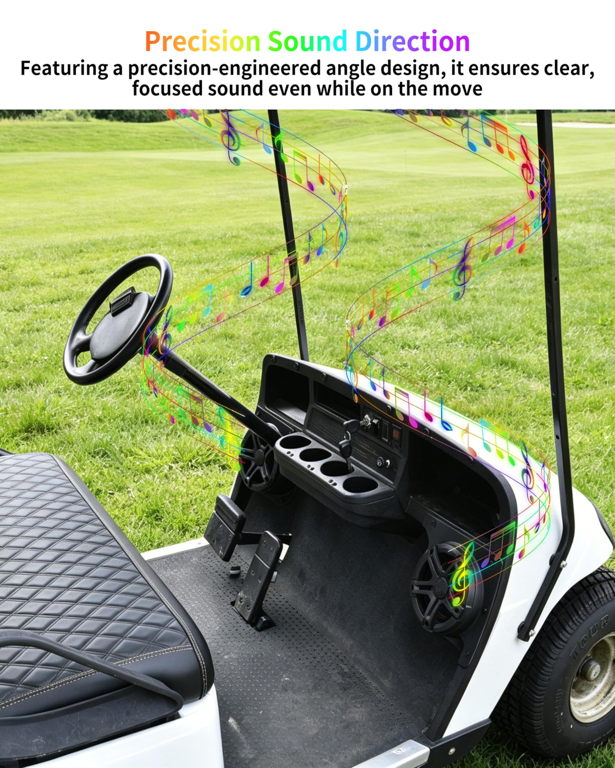 LDETXY precision-angled mounts direct sound toward driver and passenger zones