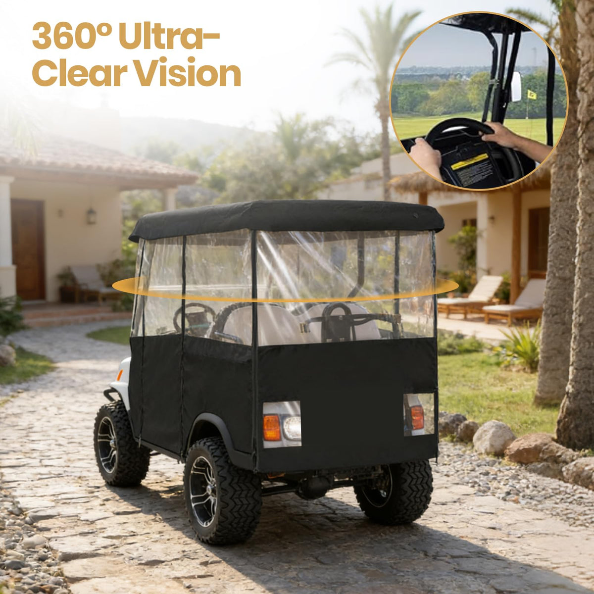 Leader Accessories four-passenger roof enclosure with extended bottom for full cart coverage.