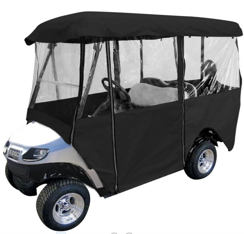 Leader Accessories deluxe golf cart enclosure front view with clear PVC windows for visibility.