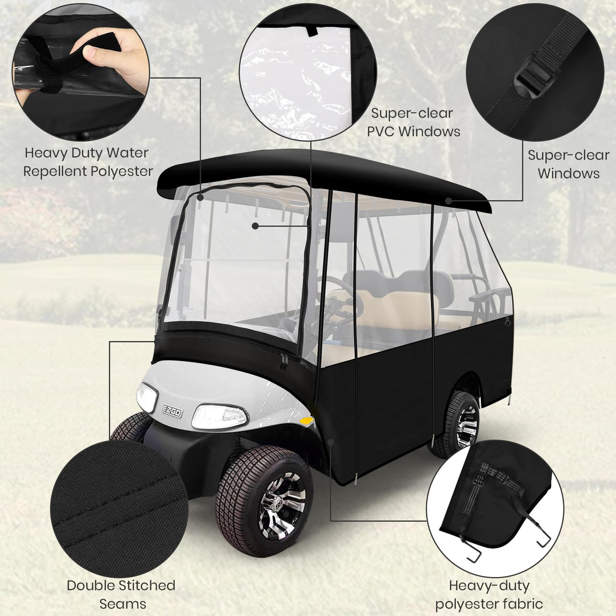 Leader Accessories golf enclosure-clear-vinyl-windows offer clear visibility.