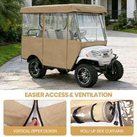 Leader Accessories measurements indicate roof and base dimensions for four-passenger carts.
