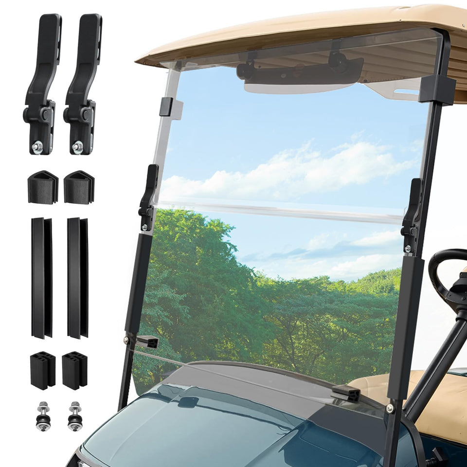 LEAPGOMAX 5mm PC windshield front view shows strength and clarity for EZGO TXT