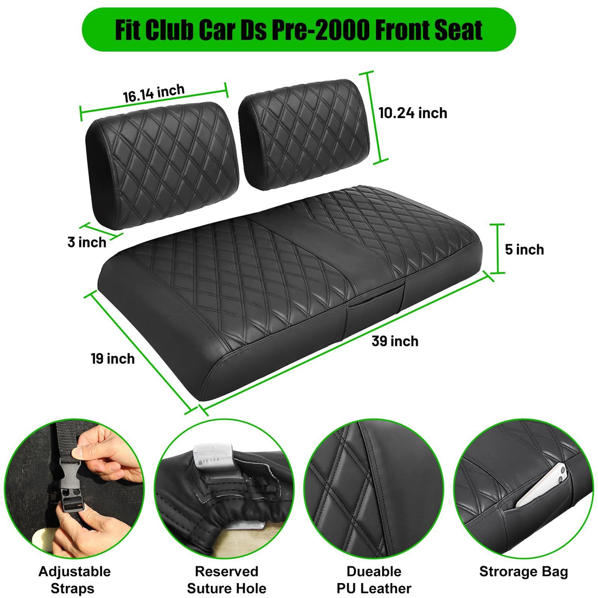 LEAPGOMAX Club Car DS installation straps illustrate tool-free fitting.