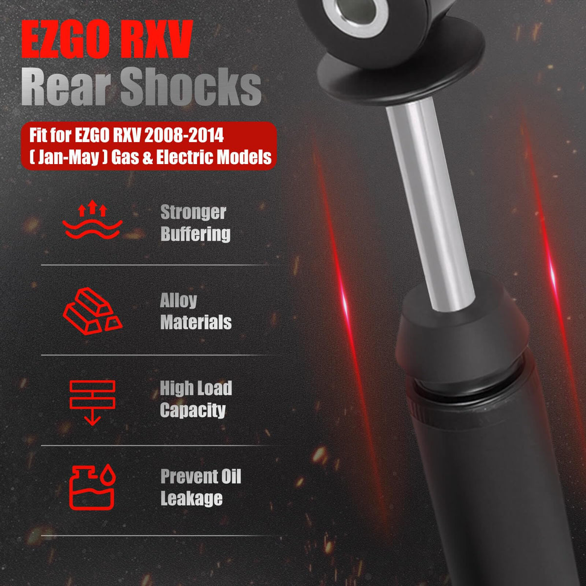 Close-up of LEAPGOMAX EZGO RXV shocks showing upgraded materials for durability.