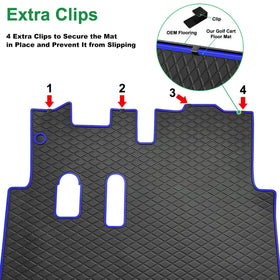 Blue-trim LEAPGOMAX mat aligns from dash to seat base for a neat fit.