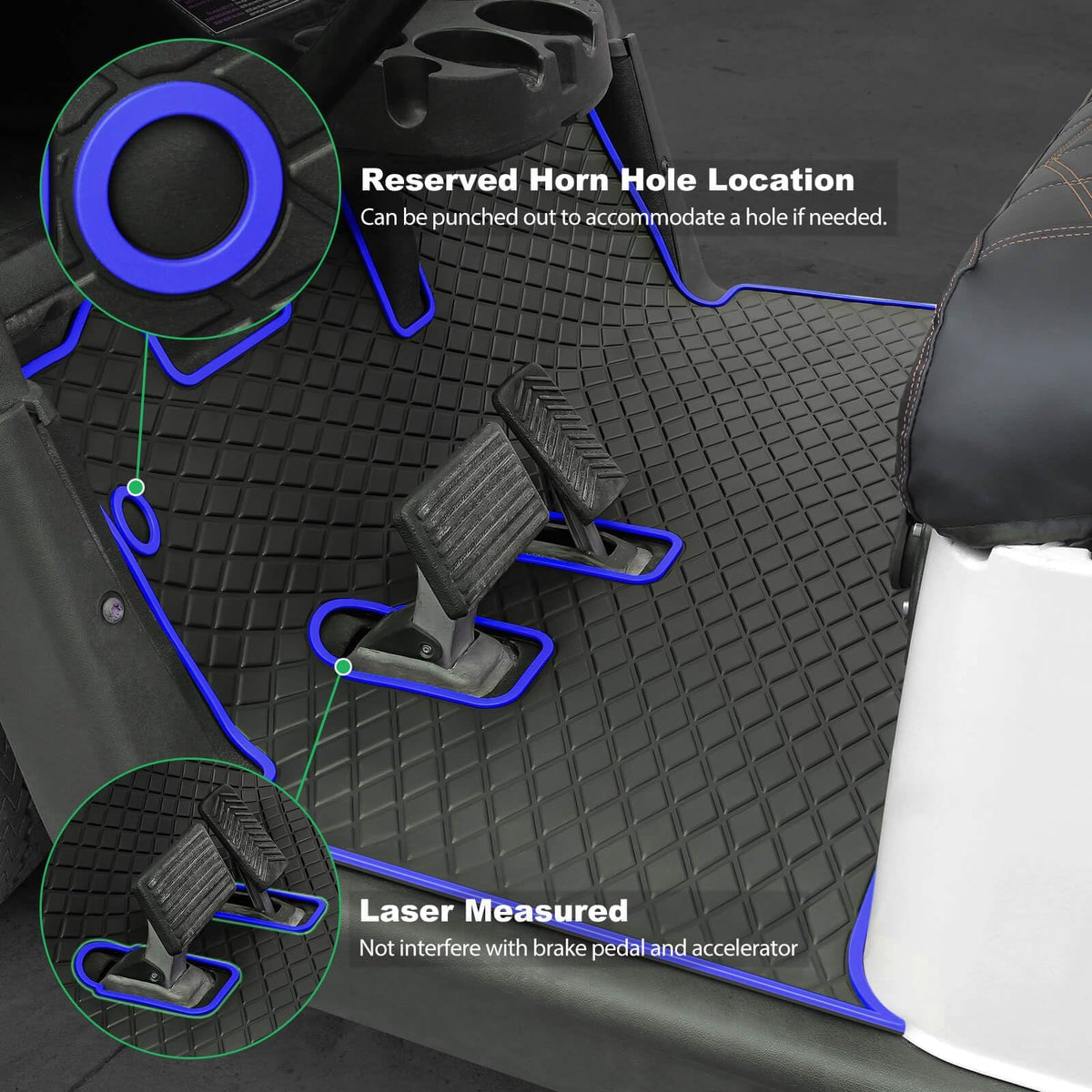 High-density rubber in blue-trim mat delivers durability across seasons.