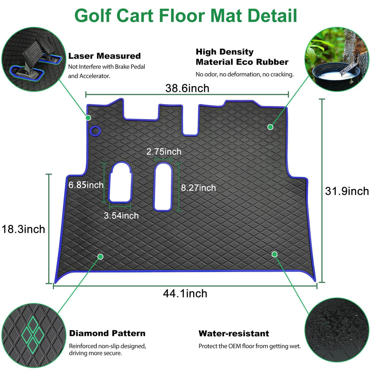 EZGO RXV floor mat in blue trim is easy to clean after muddy adventures.