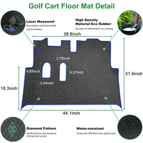 EZGO RXV floor mat in blue trim is easy to clean after muddy adventures.