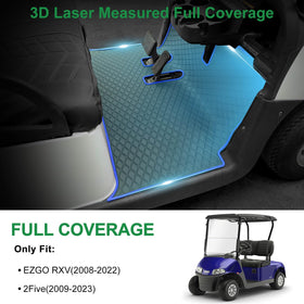 LEAPGOMAX EZGO RXV floor mat with blue trim shows full-coverage design on the cart floor.
