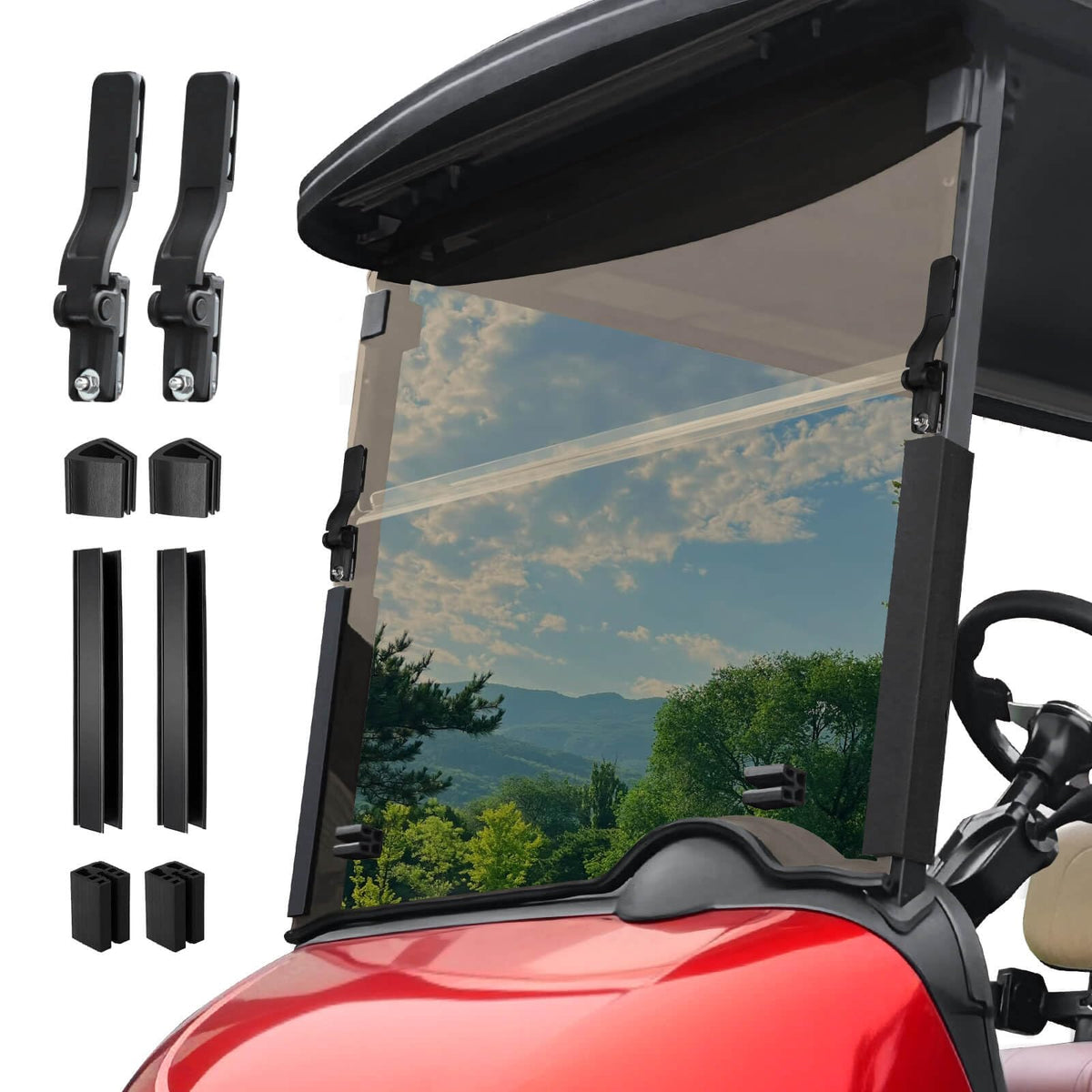 LEAPGOMAX EZGO RXV 5mm PC windshield for strong impact resistance.