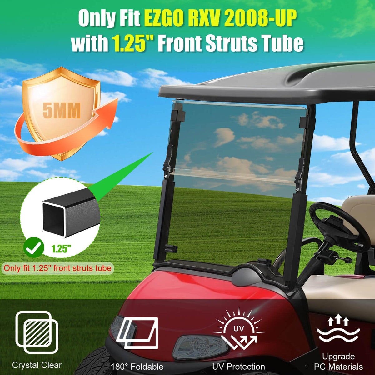 LEAPGOMAX EZGO RXV windshield with folding hinges for year-round comfort.