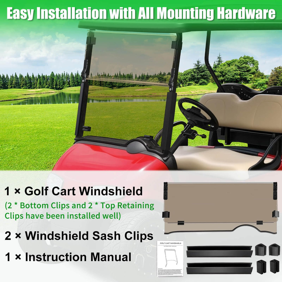 LEAPGOMAX EZGO RXV tinted windshield offers UV protection and clear visibility.