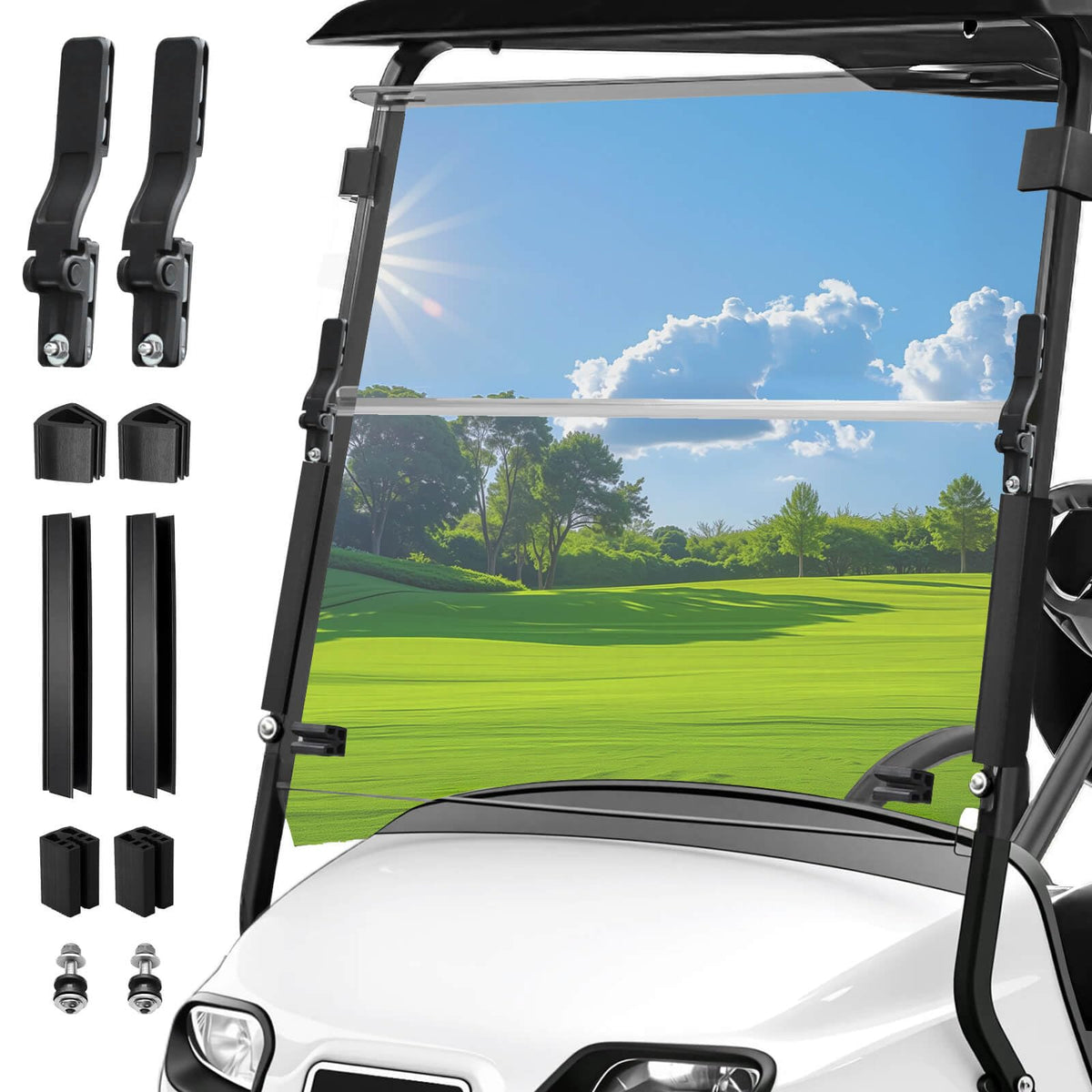 LEAPGOMAX EZGO TXT windshield with 5 mm PC panel shows durable impact resistance for clear visibility.