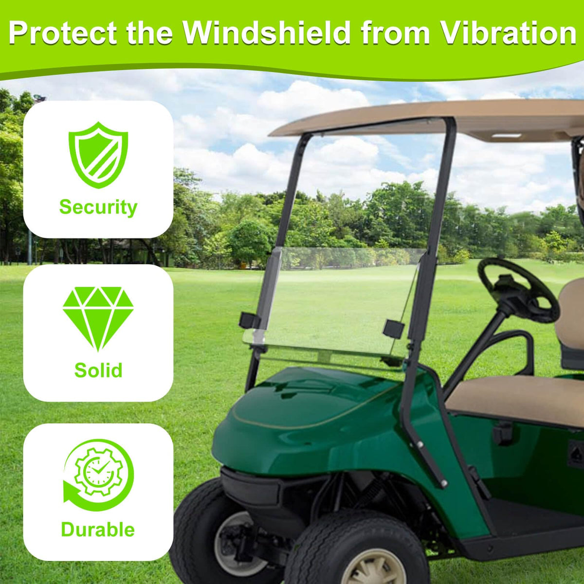 LEAPGOMAX EZGO TXT windscreen fit context demonstrates snug alignment