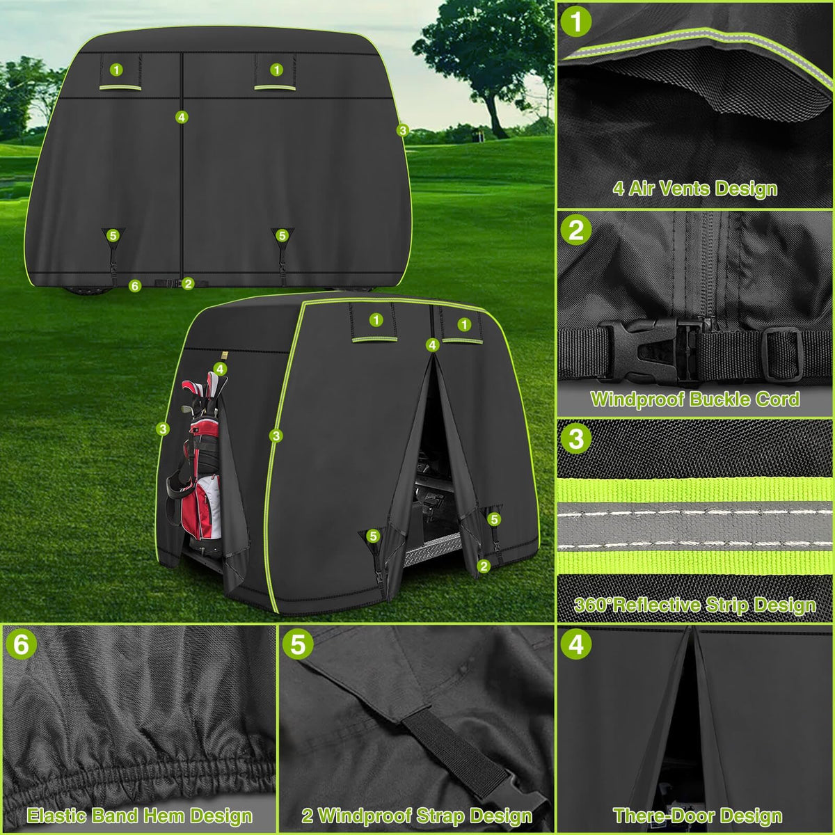Fits EZGO, Club Car, Yamaha models including extended-roof options.