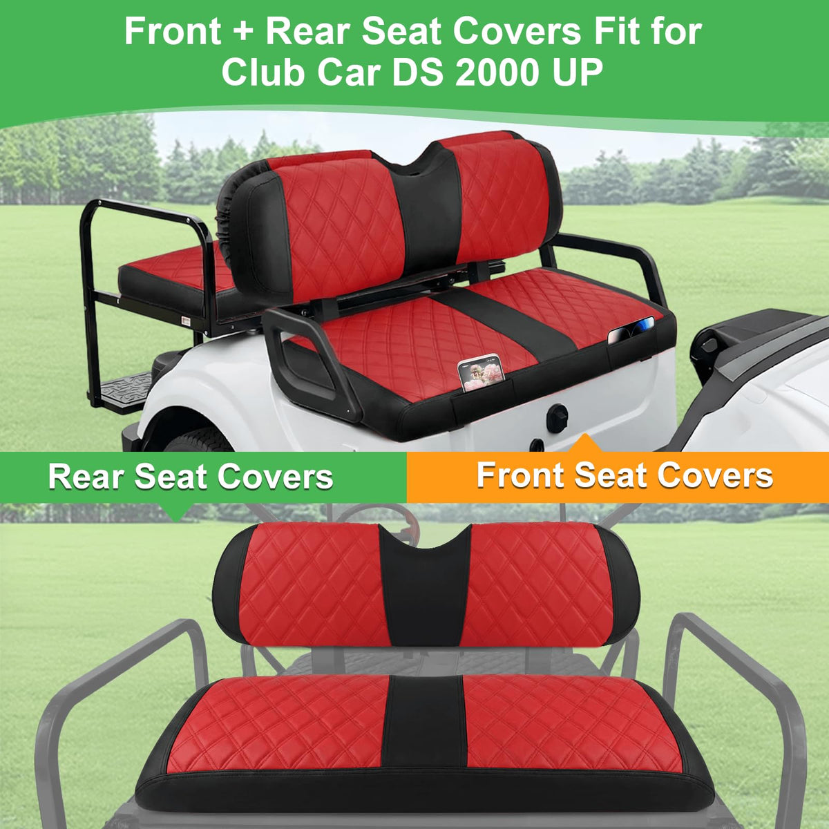 LEAPGOMAX front backrest cover for Club Car DS, diamond stitch premium look