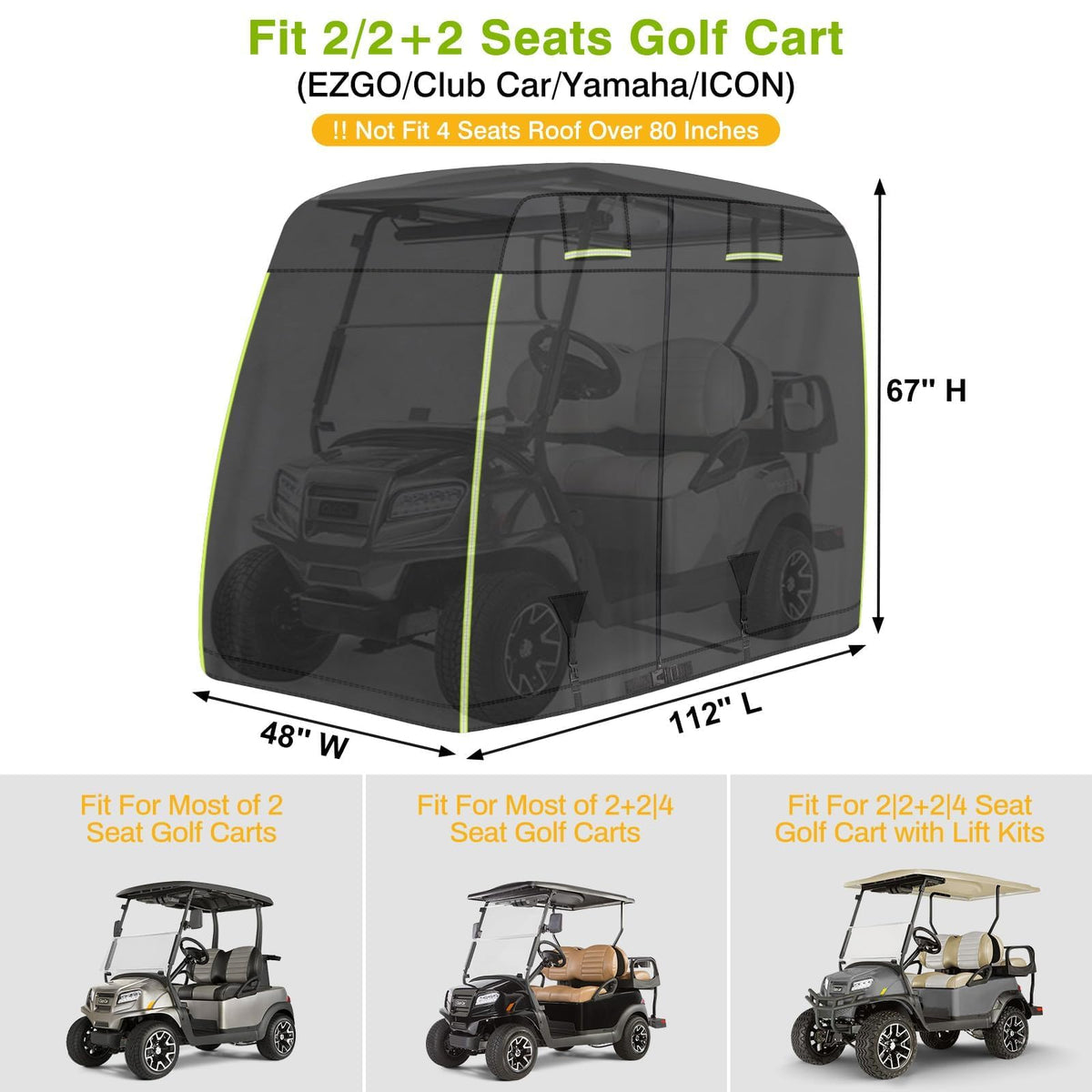 LEAPGOMAX golf cart cover side view shows waterproof performance in rain and snow