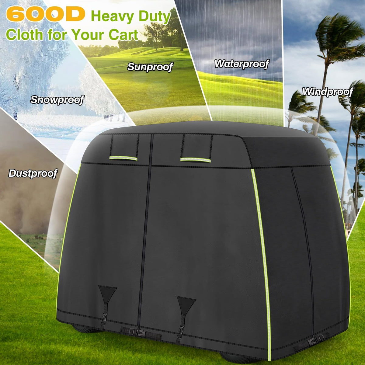 LEAPGOMAX golf cart cover with windproof straps securing the fit