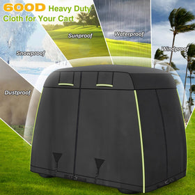 LEAPGOMAX golf cart cover with windproof straps securing the fit
