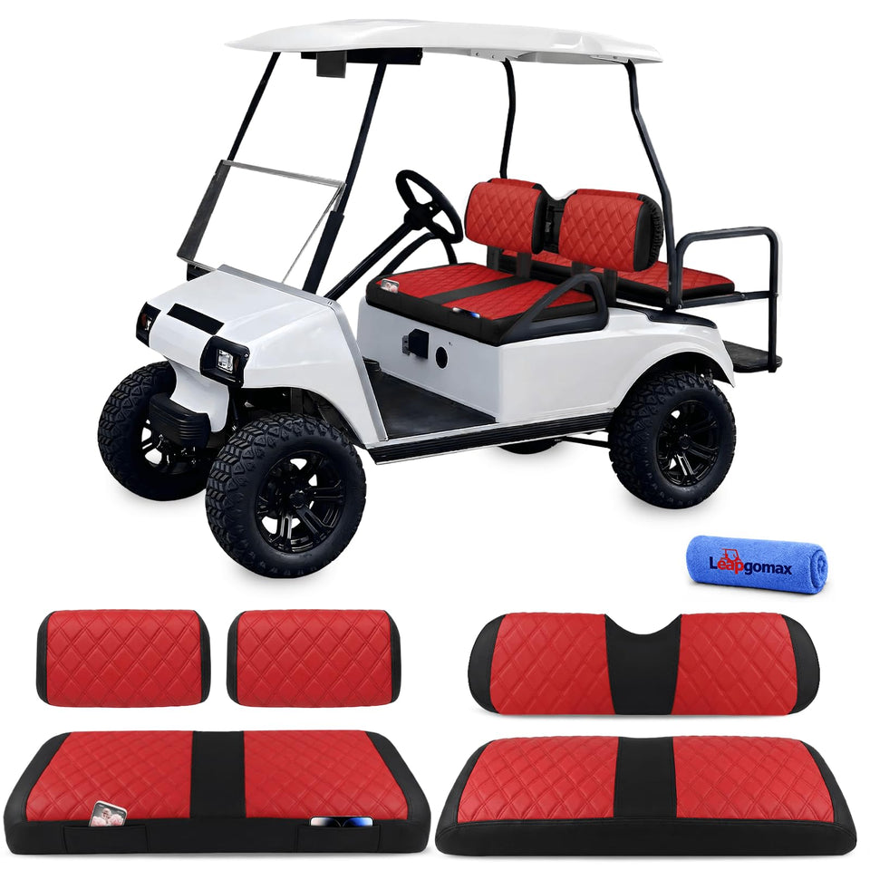 LEAPGOMAX front seat cover for Club Car DS with red leather look and diamond stitching.