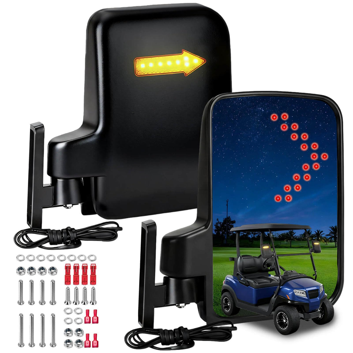 LEAPGOMAX golf cart side mirror with turn signal light for safer day and night driving.