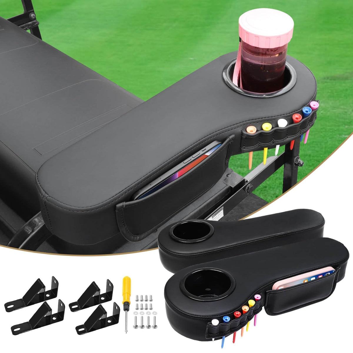LEAPGOMAX armrest front view with cup holder showing easy no-drill fit
