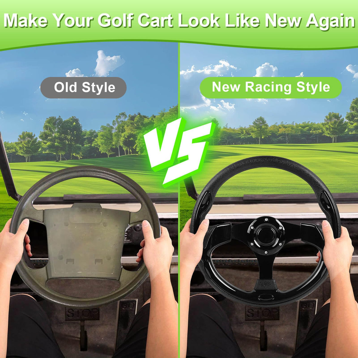 LEAPGOMAX steering wheel with brushed aluminum spokes enhances cart style and balance