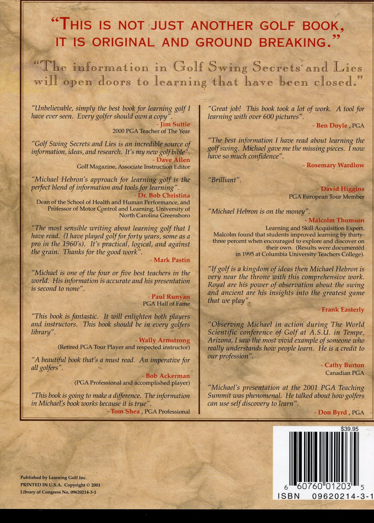 Learning Golf Inc jacket cover for Golf Swing Secrets: six timeless lessons to improve swing rhythm