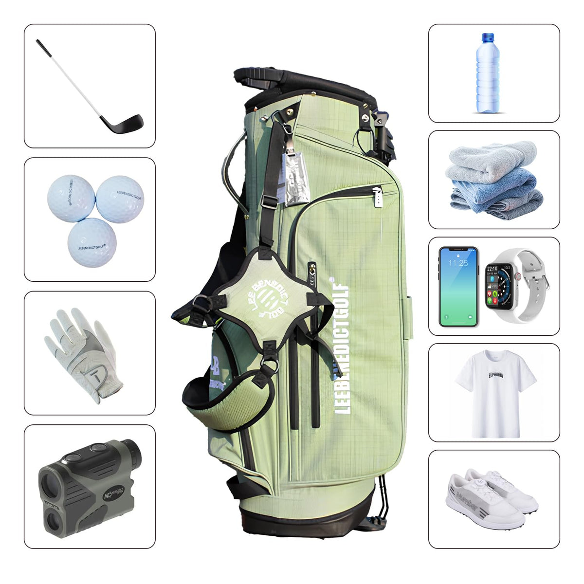 LEE BENEDICT GOLF stand bag featuring five pockets for gear and beverages
