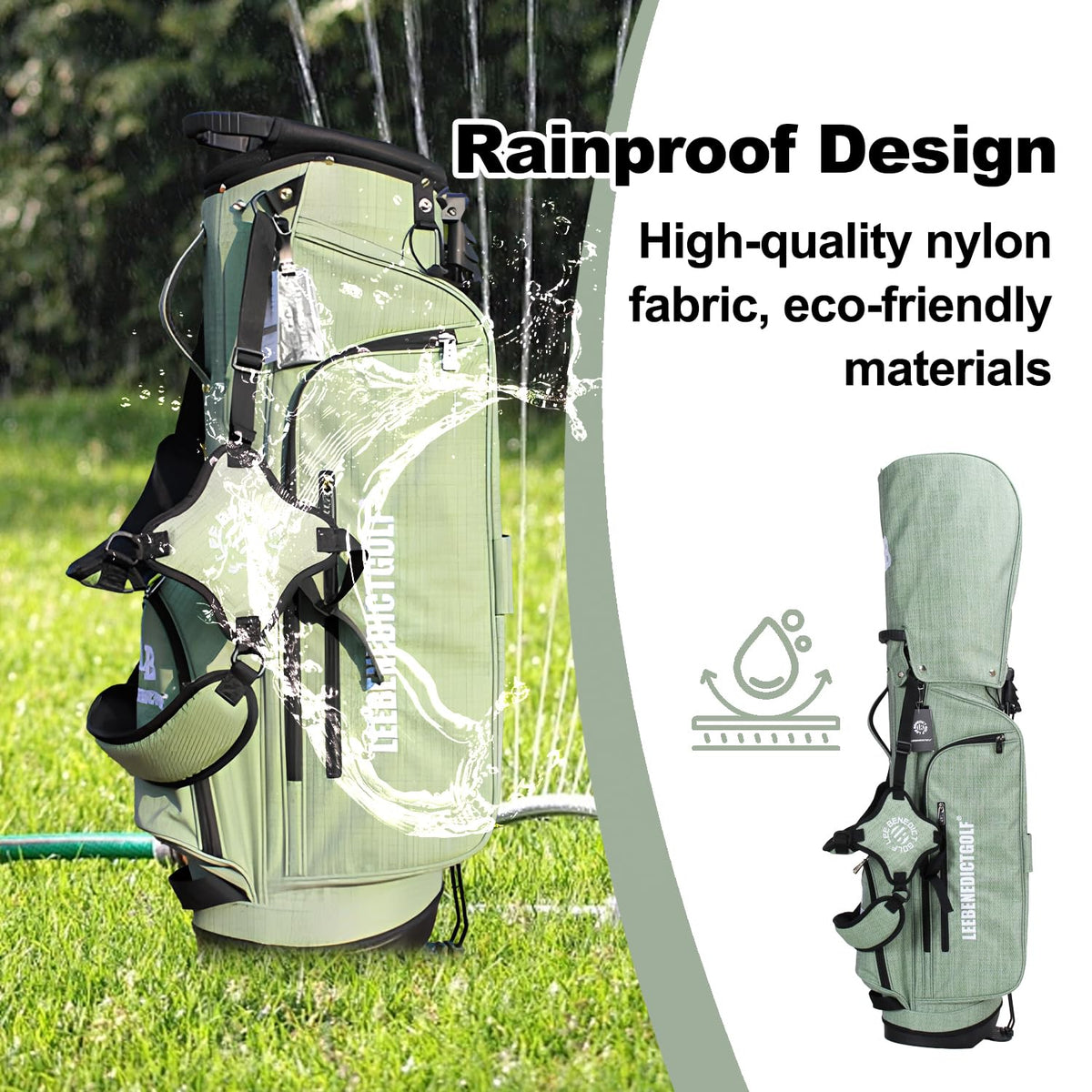 LEE BENEDICT GOLF stand bag showing 5-way top dividers for club organization