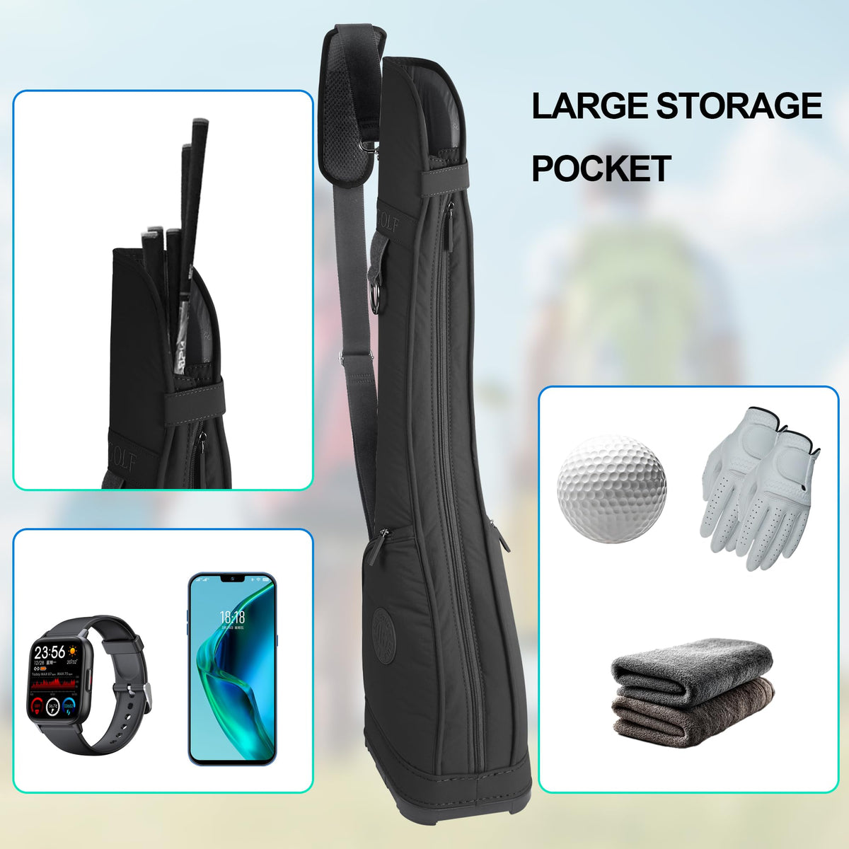 Lee Benedict Golf bag waterproof fabric close-up highlights durable weather-ready material.