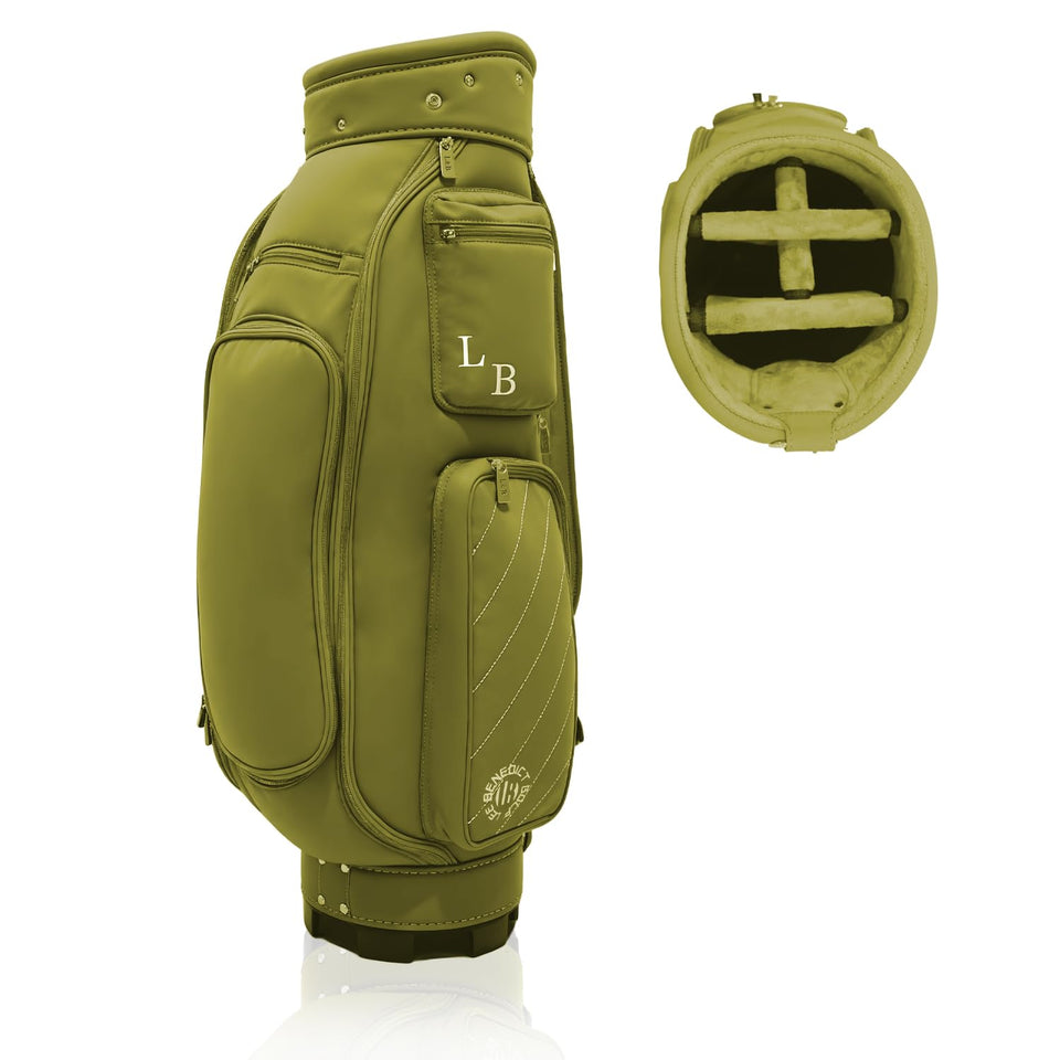 L&B 5 Way Cart Bag front view showing organized club layout and color options
