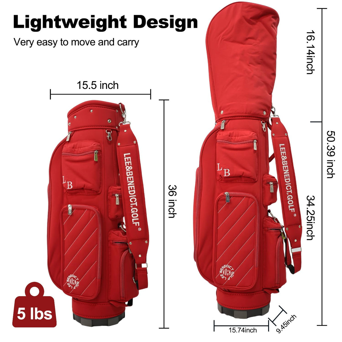 Leebenedict Golf 5 Way Bag rain-ready nylon and waterproof zippers protect gear.
