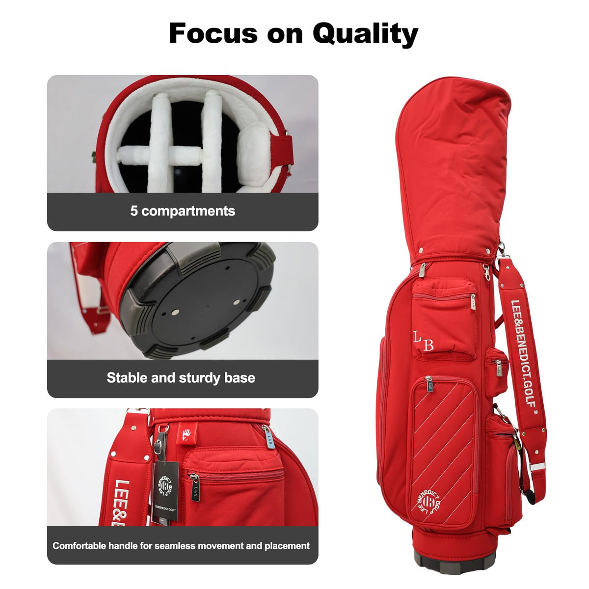 Leebenedict Golf 5 Way Bag side pocket highlights nine storage compartments for gear.
