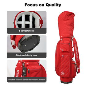 Leebenedict Golf 5 Way Bag side pocket highlights nine storage compartments for gear.