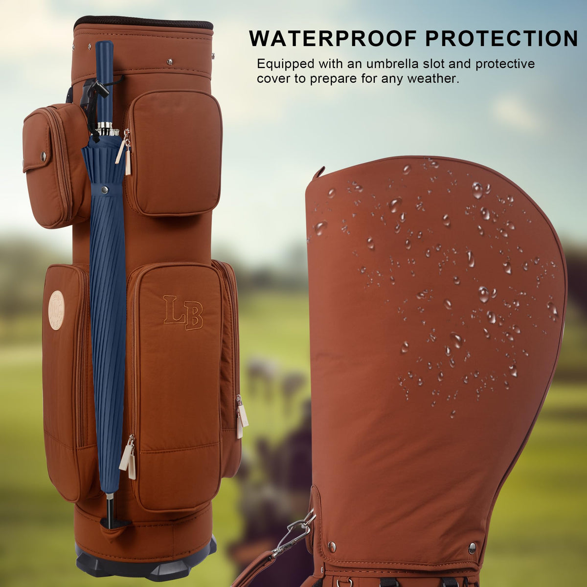 LEE BENEDICT GOLF six-pocket layout keeps balls, gloves, drinks organized.