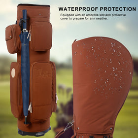 LEE BENEDICT GOLF six-pocket layout keeps balls, gloves, drinks organized.
