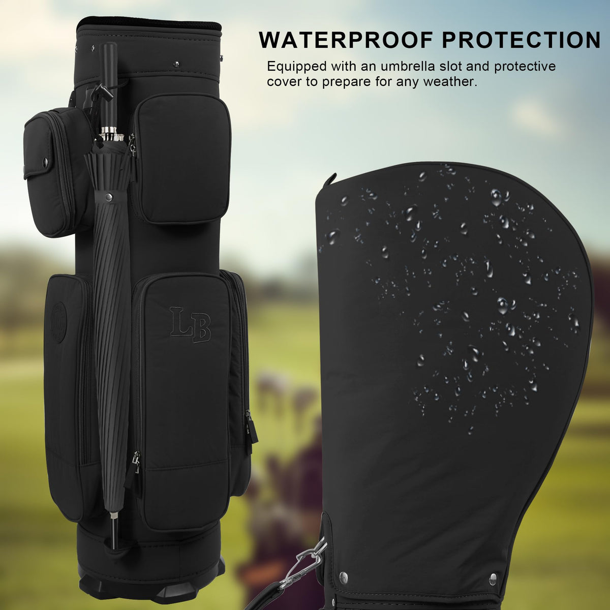 LEE BENEDICT GOLF umbrella holder stays ready for sudden showers.