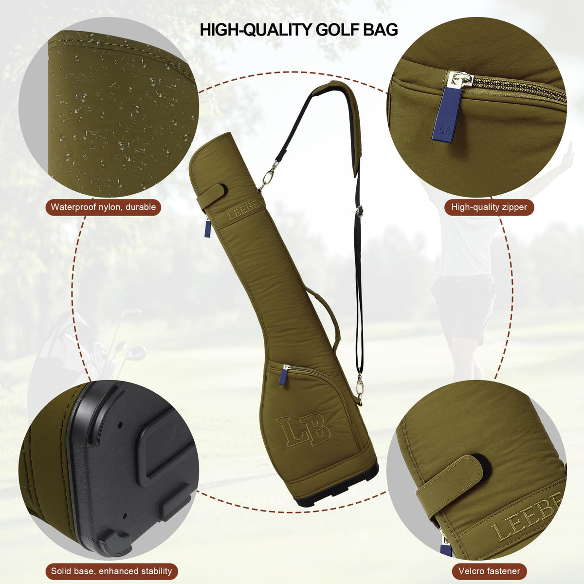 Lee Benedict Golf lightweight bag side view; compact footprint for quick trips.