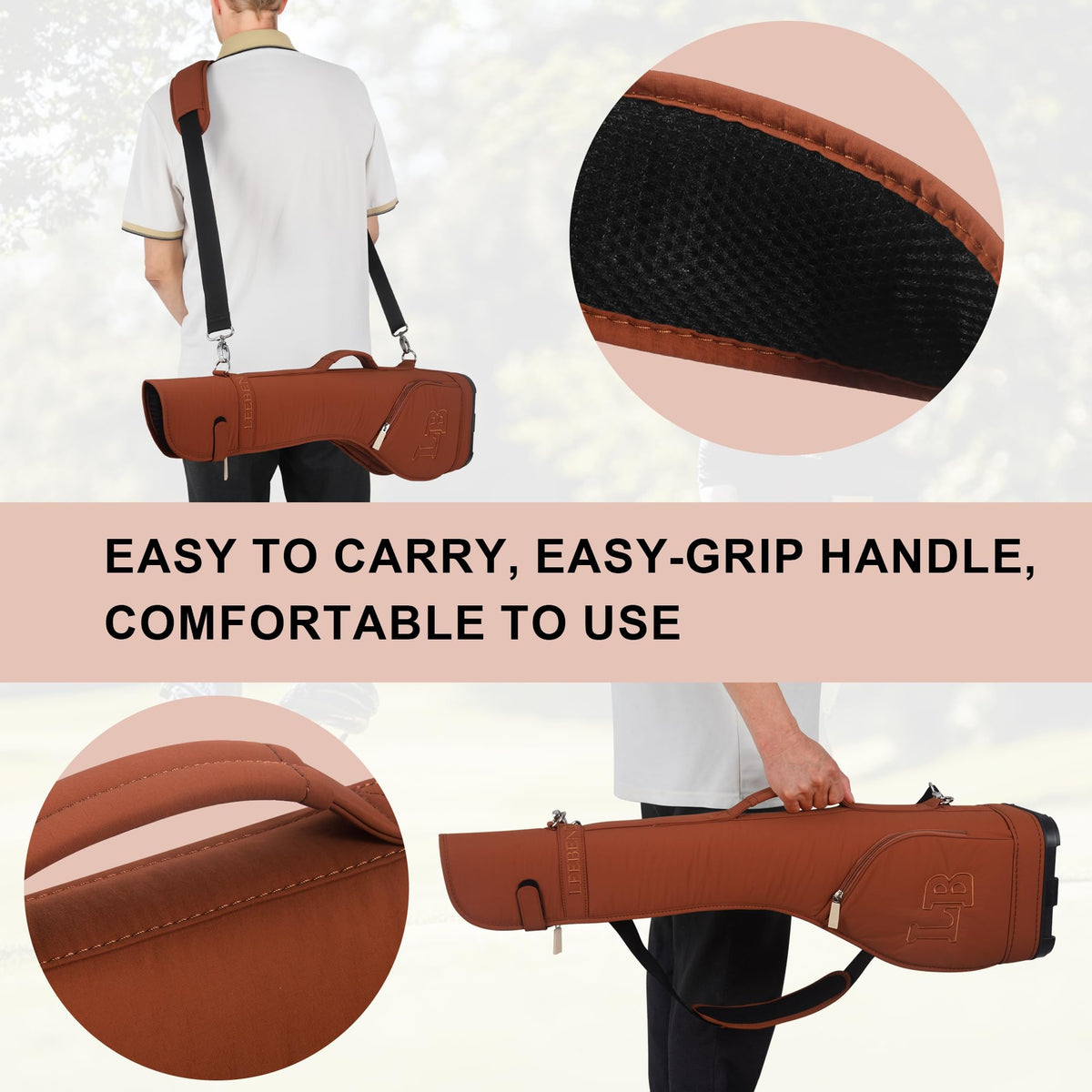 LEE BENEDICT GOLF sturdy base keeps bag stable on carts and turf.