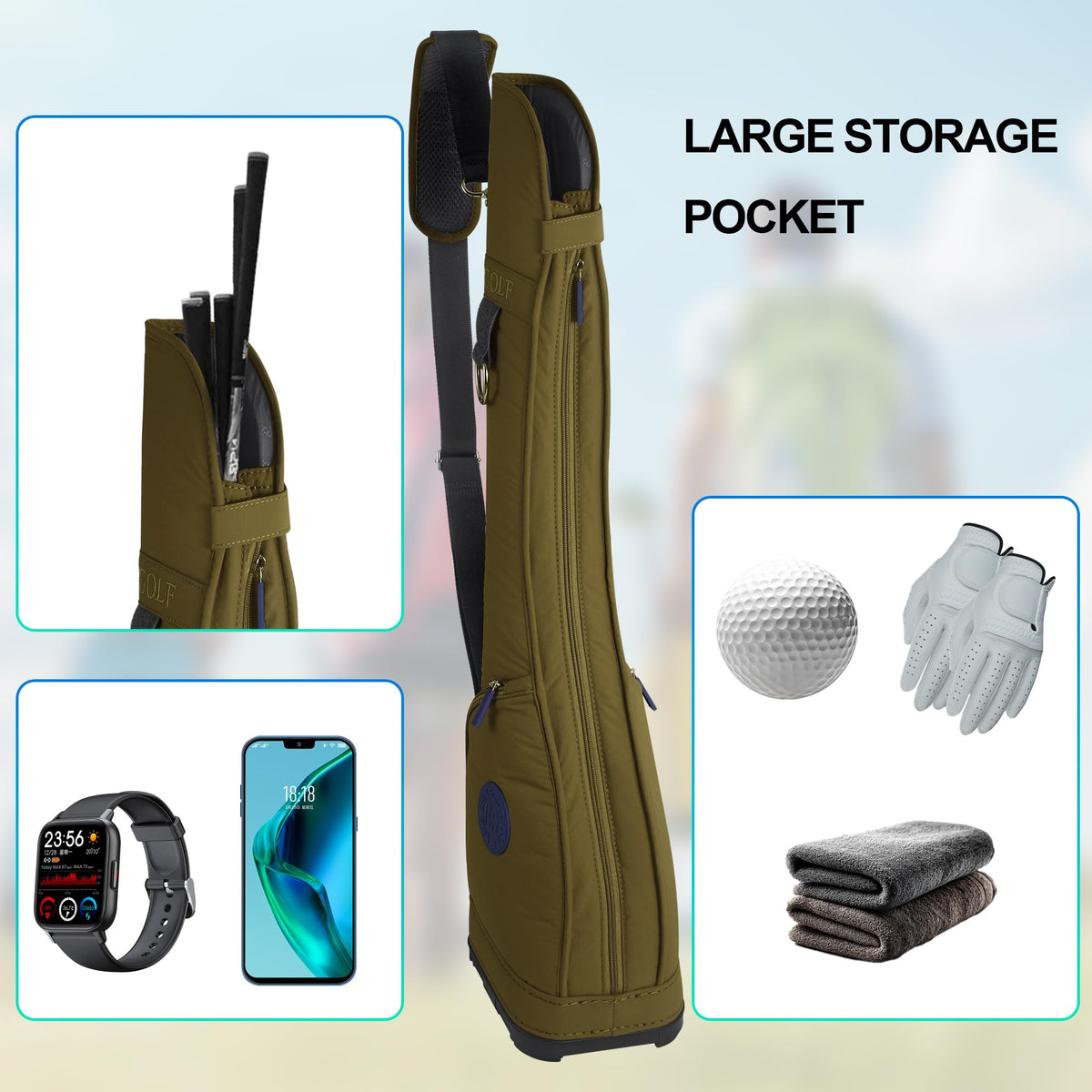 Lee Benedict Golf waterproof nylon fabric; protects clubs in wet conditions.