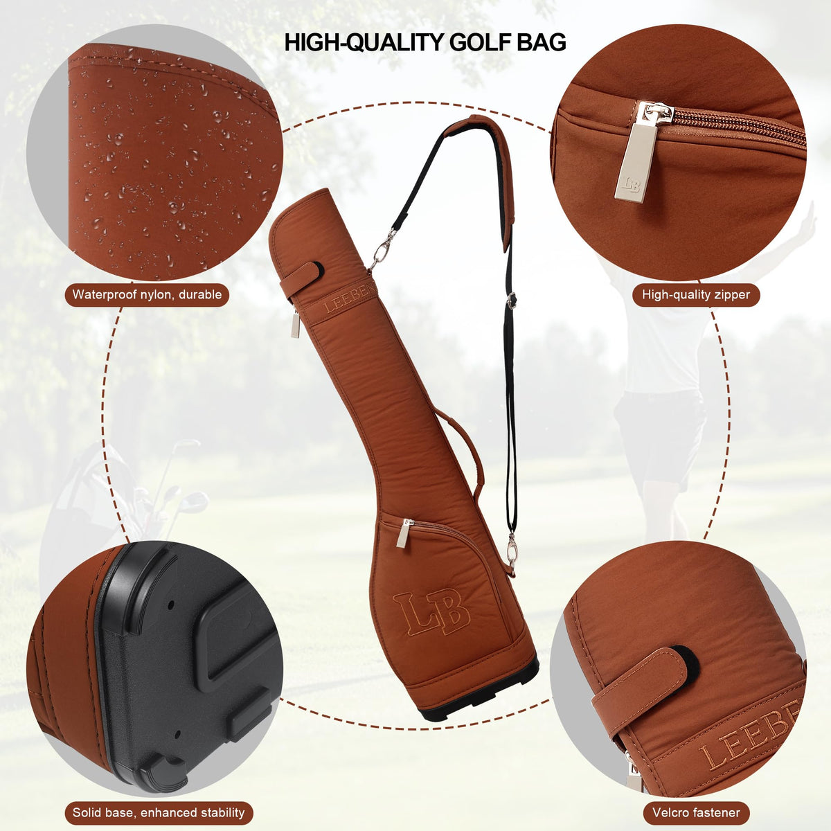 LEE BENEDICT GOLF waterproof nylon fabric protects gear on wet days.